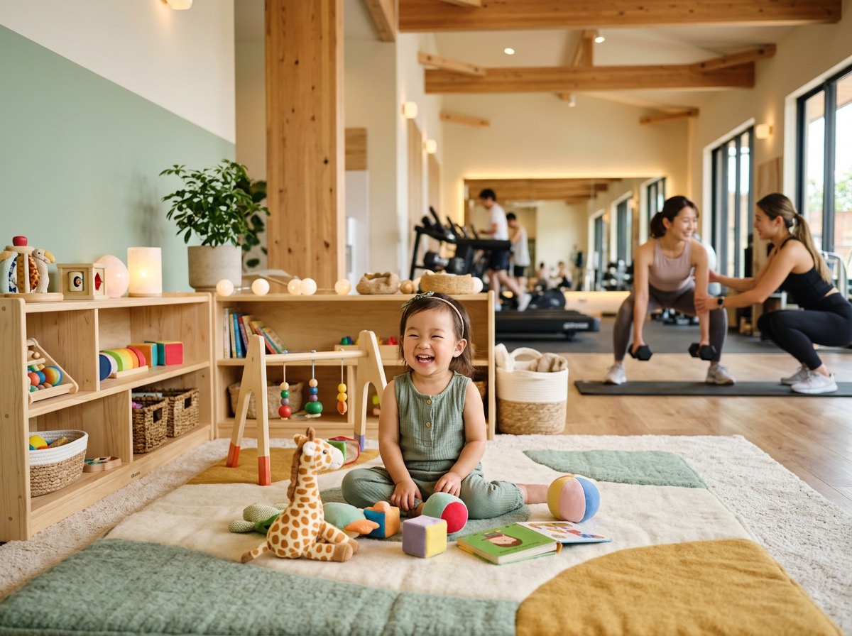 キッズスペースで遊ぶお子様とトレーニング中のお母様