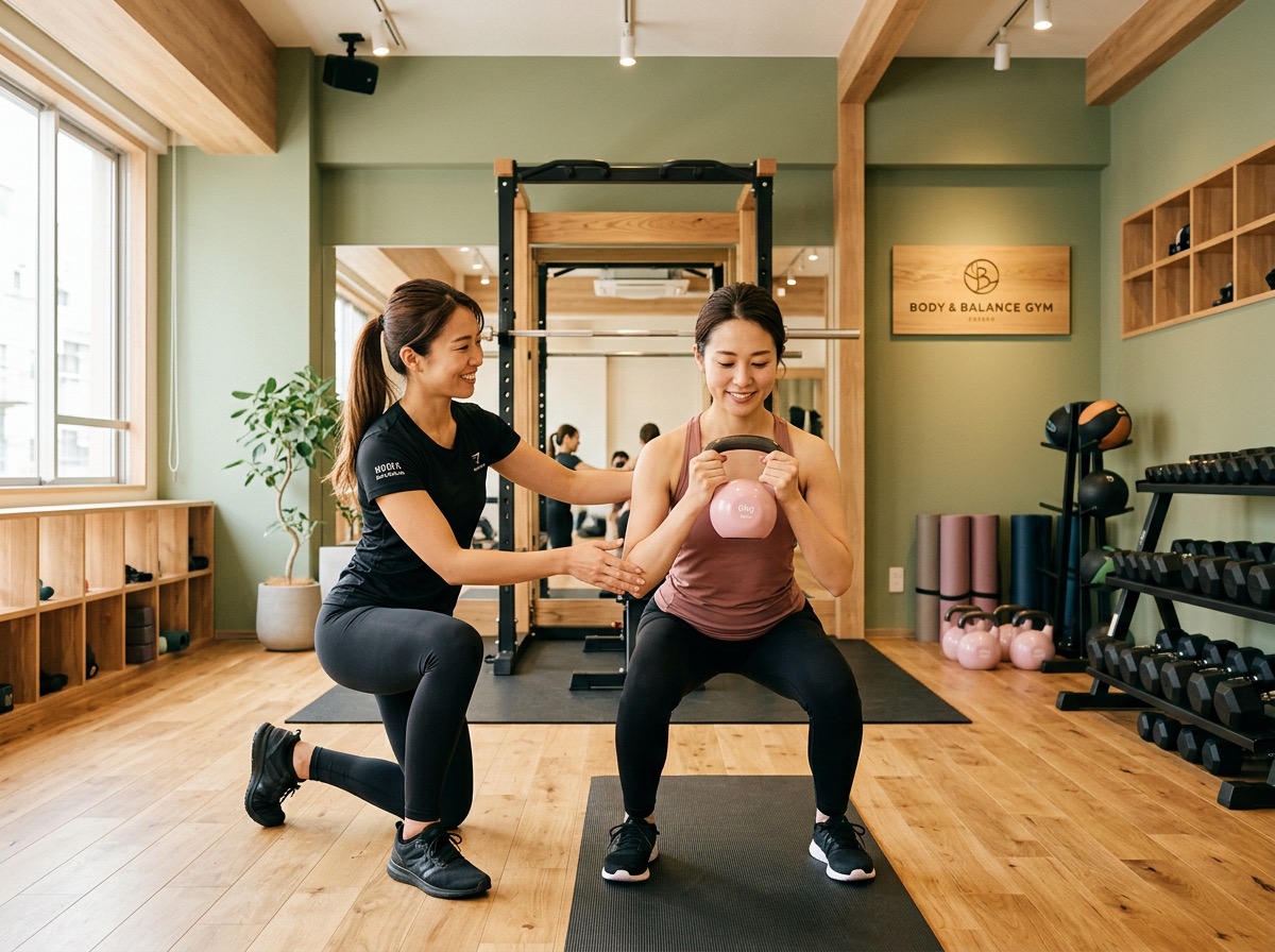トレーナーと一緒にトレーニングする女性